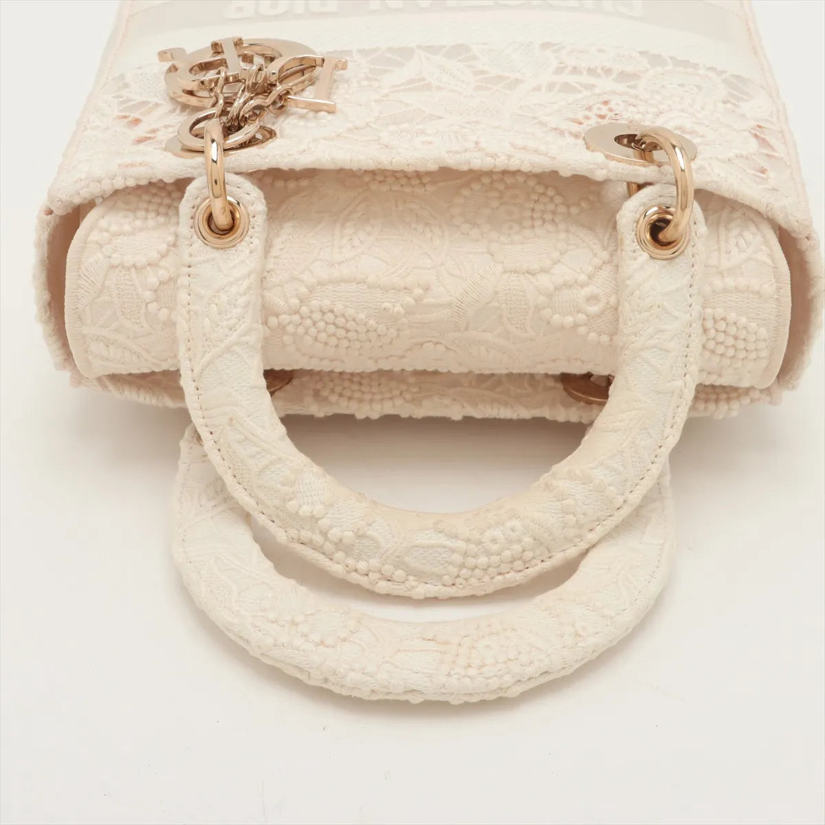 Christian Dior Lady D-Lite Medium Embroided Lace Two-Way Handbag White