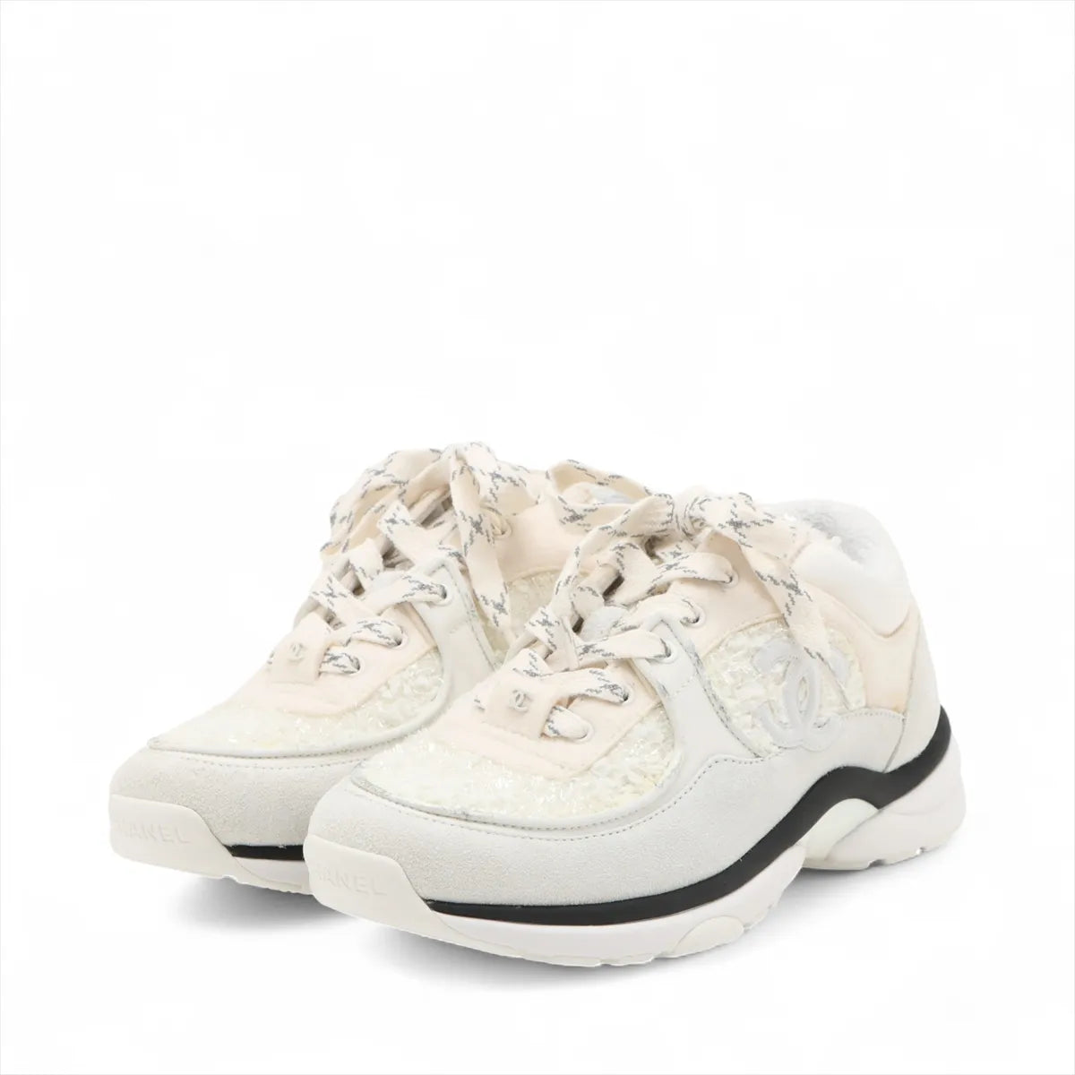 Chanel CC Logo Suede x Fabric Sneakers Ivory x White