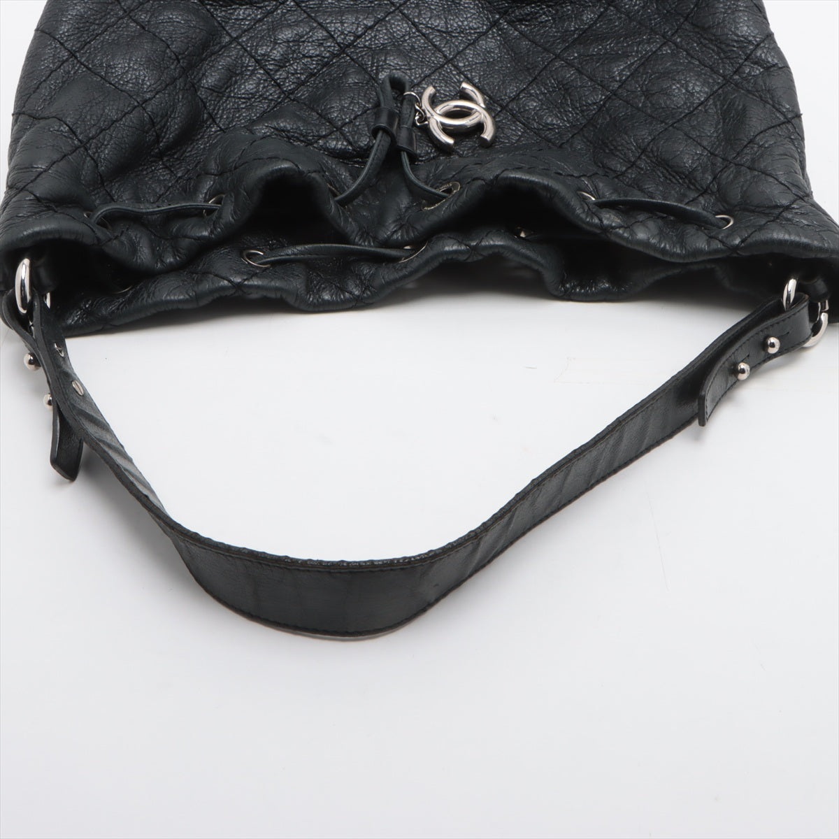 Chanel CC Logo Wild Stitch Leather Drawstring Shoulder Bag Black