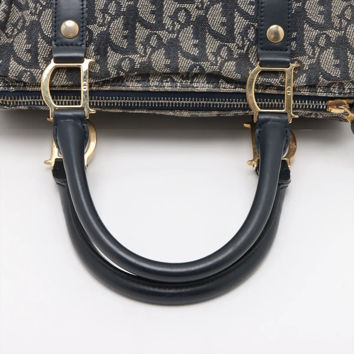Christian Dior Trotter Canvas Leather Handbag Gray x Navy