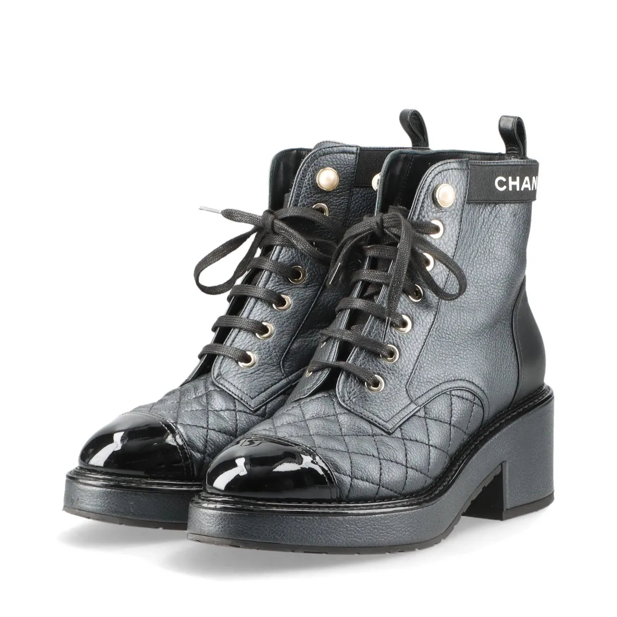 Chanel Logo Matelasse Leather Short Ladies Boots Black