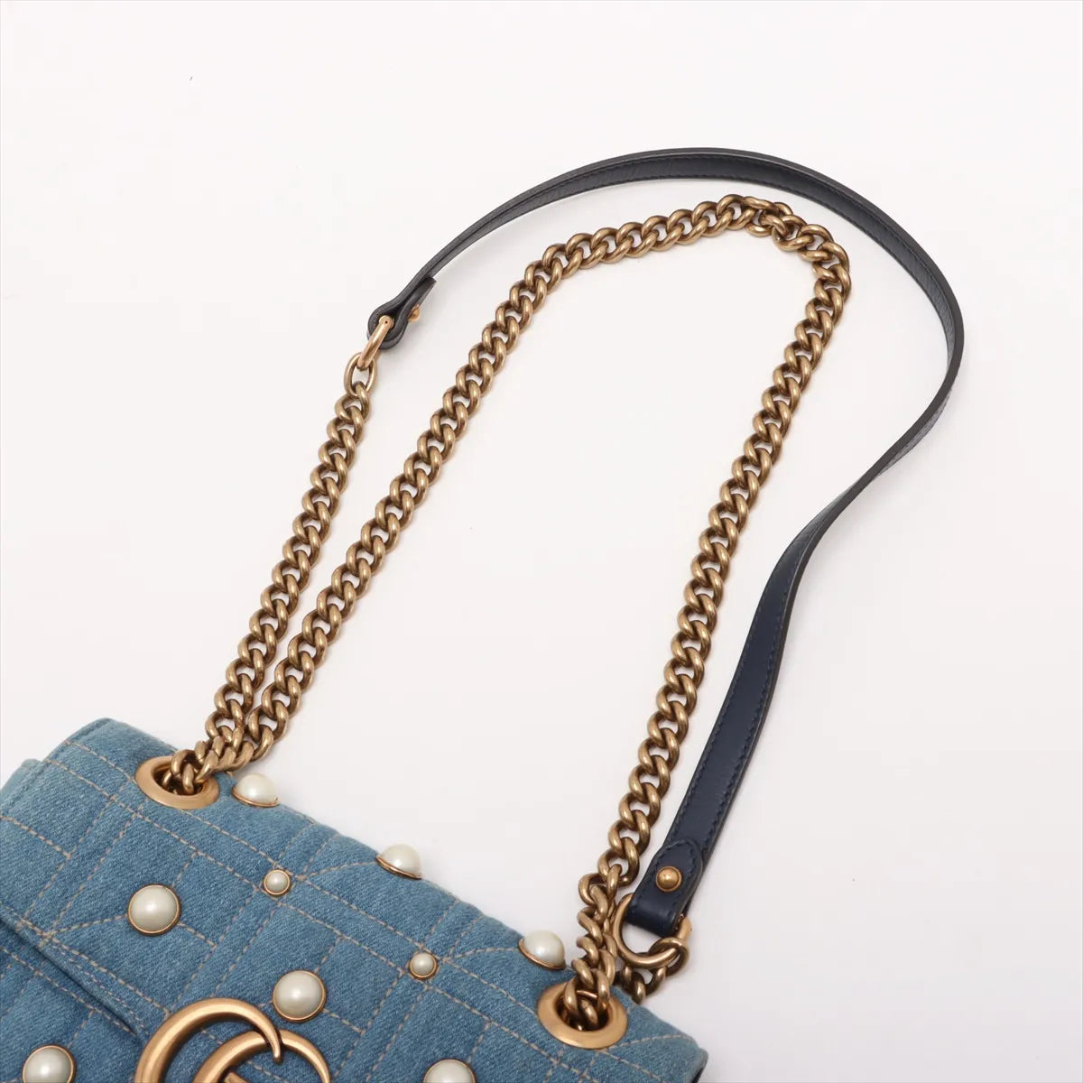 Gucci GG Marmont Pearl Stud Denim Chain Shoulder Bag Blue
