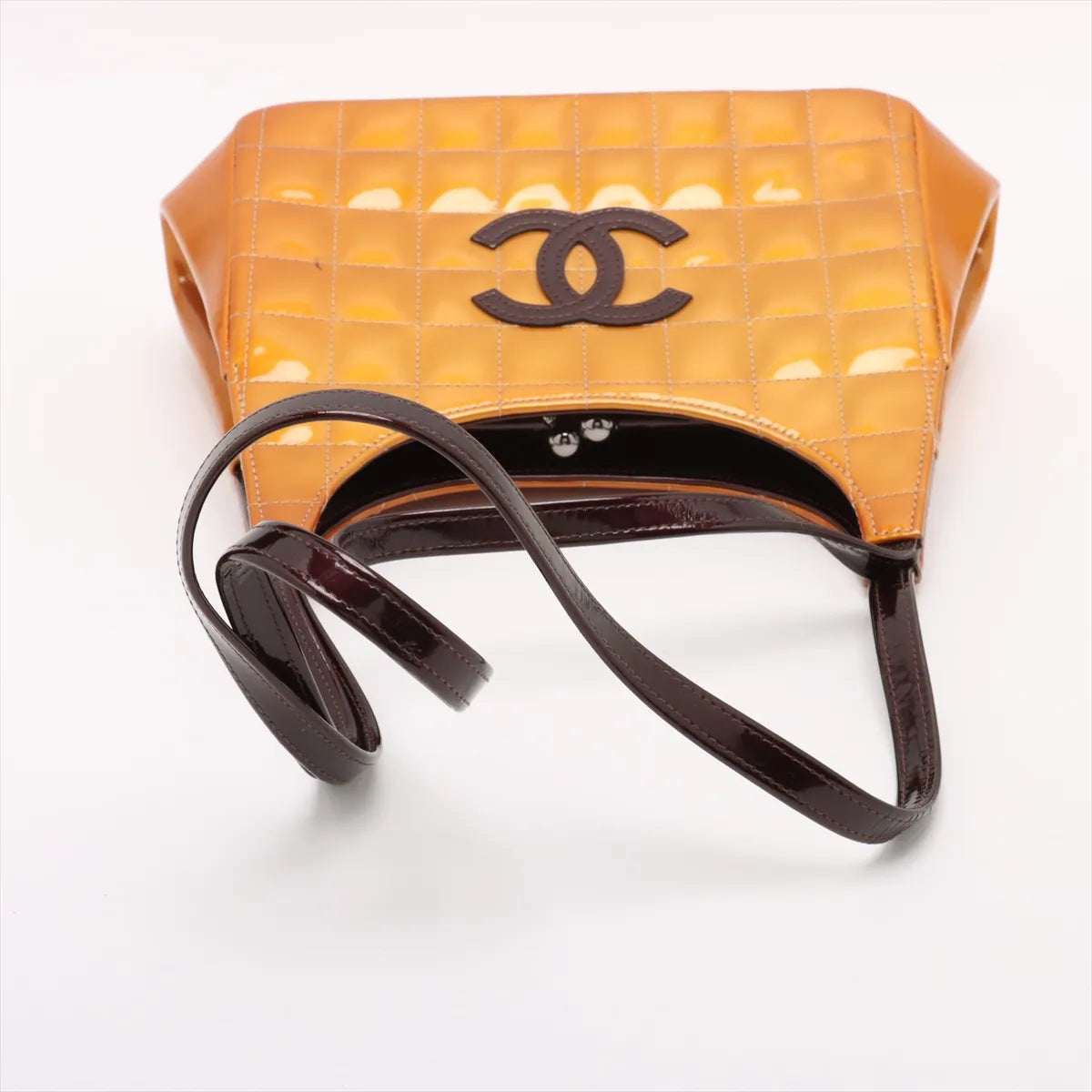 Chanel CC Logo Chocolate Bar Patent Leather Shoulder Bag Gold x Brown