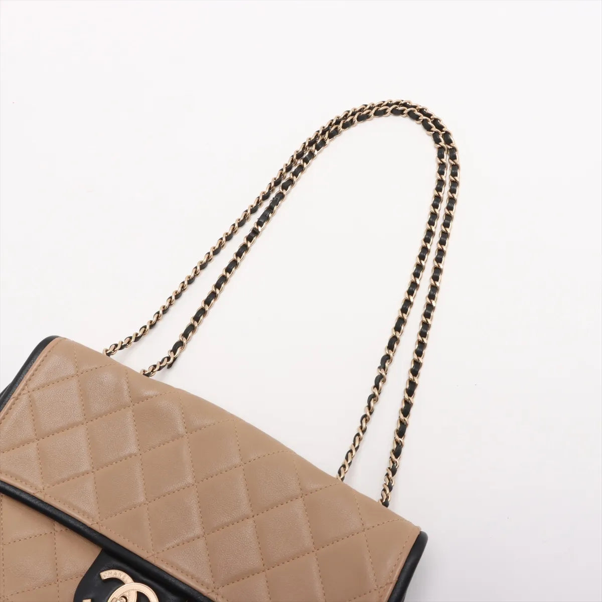 Chanel CC Logo Matelasse Leather Single Flap Double Chain Bag Beige x Black