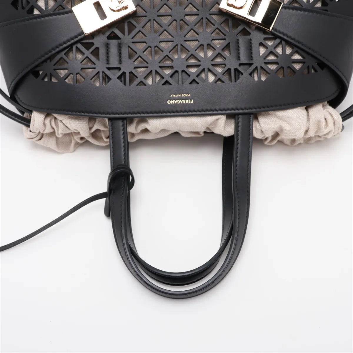 Ferragamo Hug Lazer-cut Panels Leather Two-Way Handbag Black