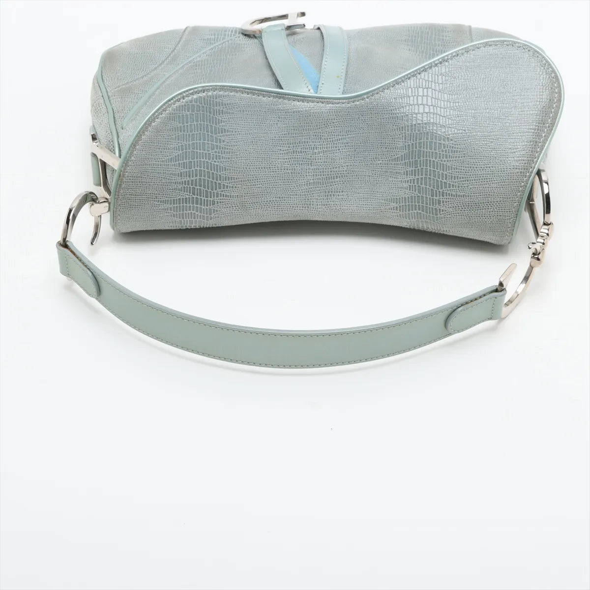 Christian Dior Double Saddle Lizard Embossing Leather Shoulder Bag Blue