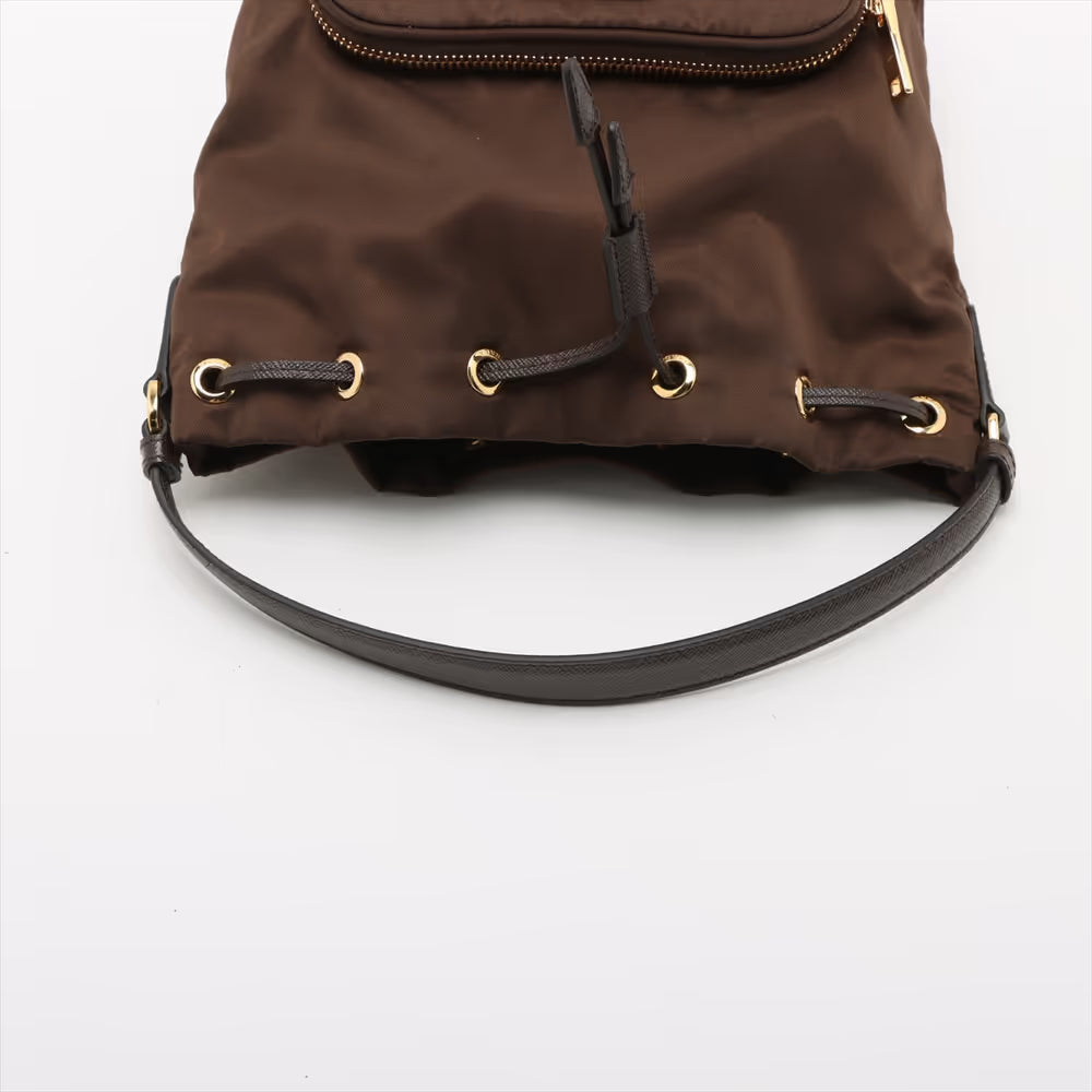 Prada Tessuto Nylon x Leather Two-Way Bucket Bag Brown
