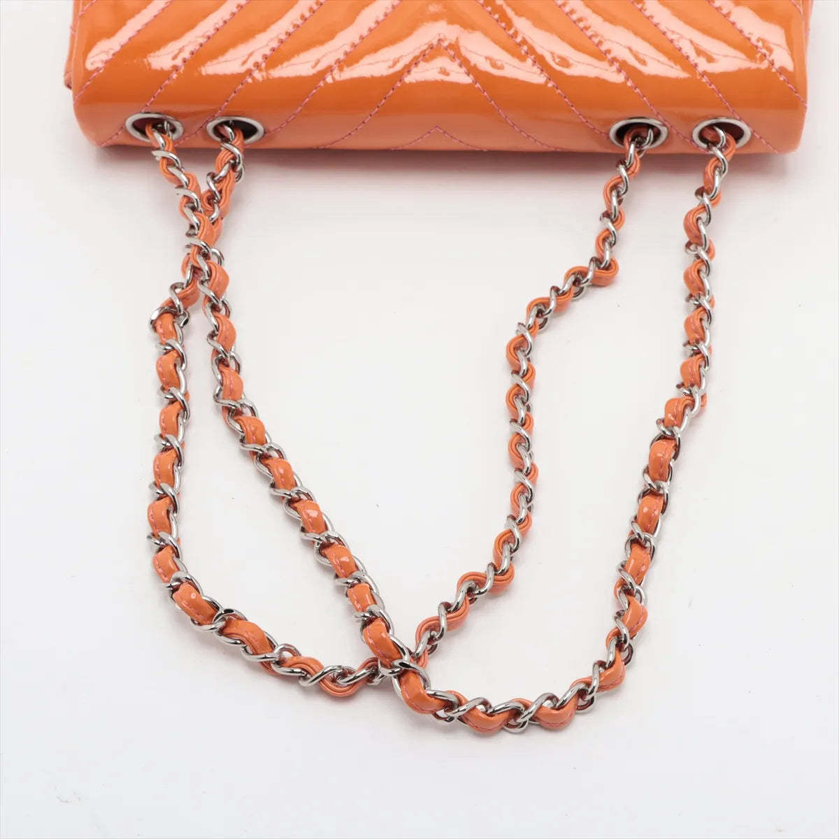 Chanel CC Logo Chevron Patent Leather Single Flap Double Chain Bag Salmon x Pink