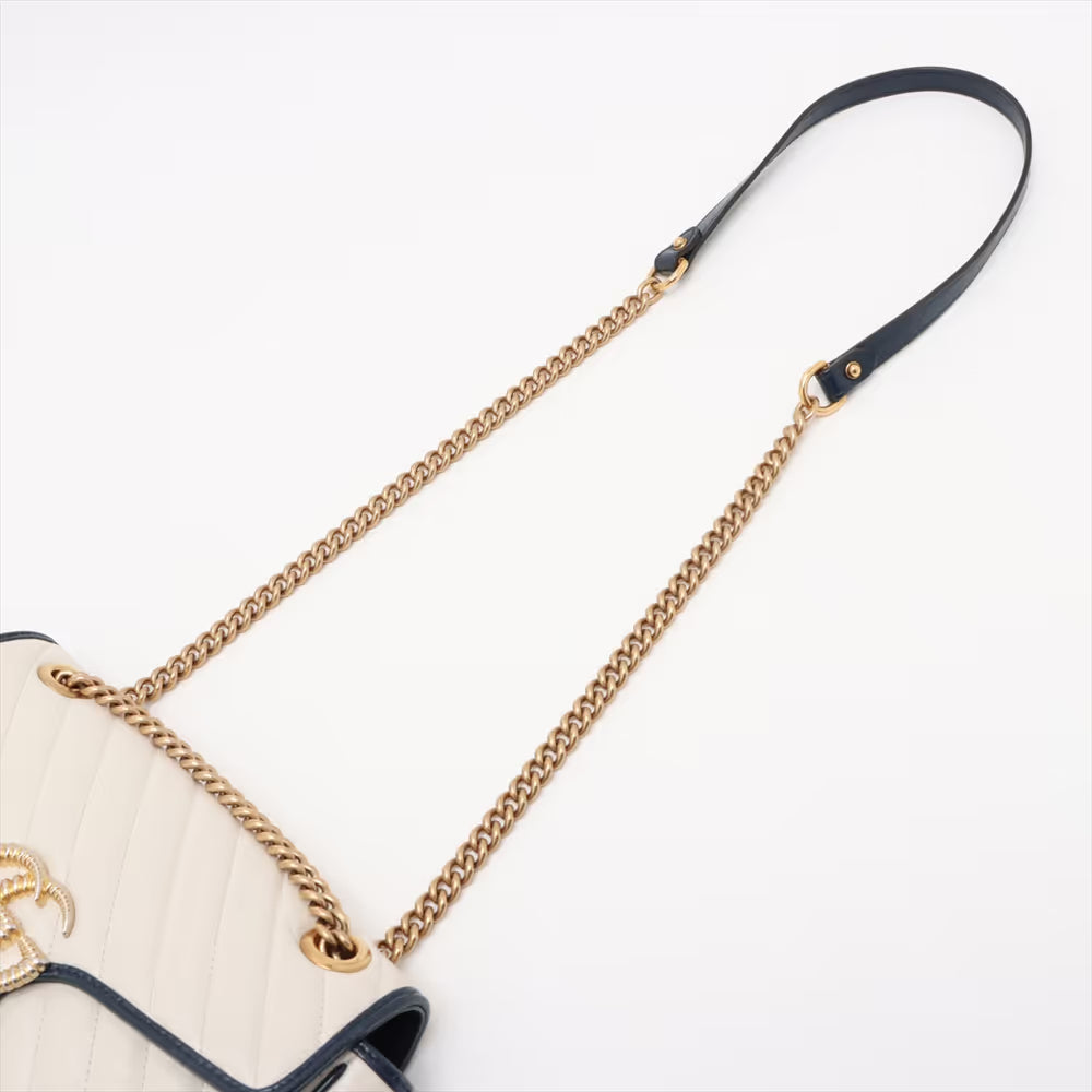 Gucci GG Marmont Leather Chain Shoulder Bag White x Navy