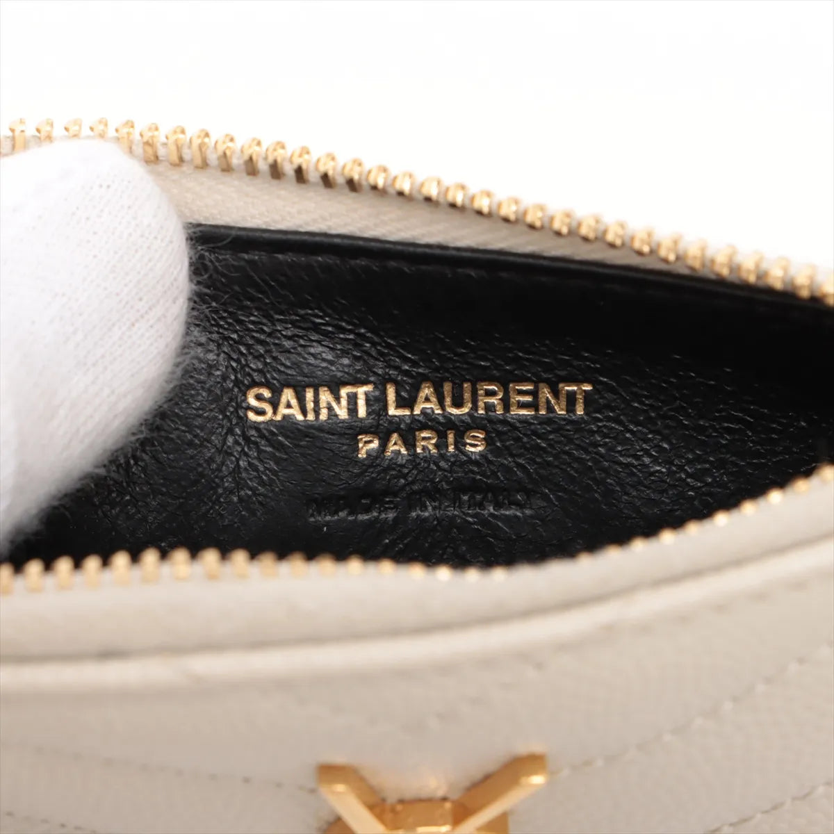 Saint Laurent Paris V Stitch Leather Coin Card White