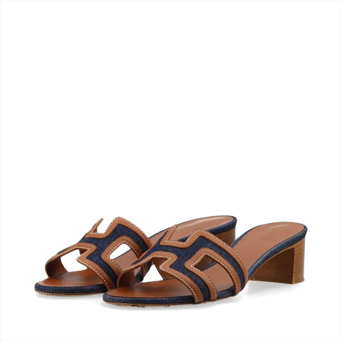Hermes Oasis Denim & Leather Block Heel Sandals Brown x Denim