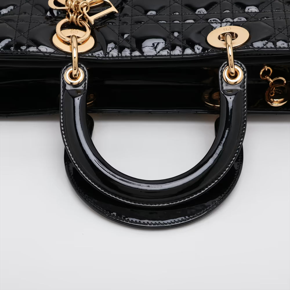 Christian Dior Cannage Lady Dior Large Patent Leather Two-Way Shoulder Bag Black