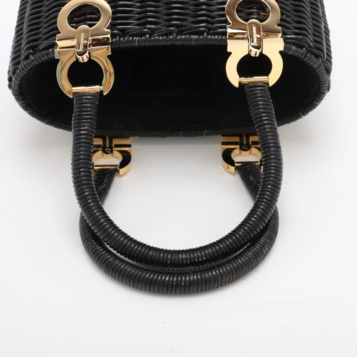 Ferragamo Gancini Rattan Straw Bag Black