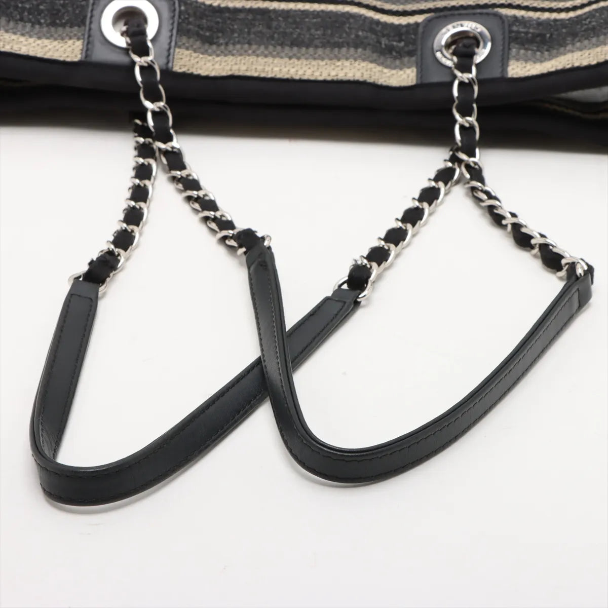 Chanel Deauville Canvas Leather Stripe Chain Tote Bag MM Black x Gray x Beige