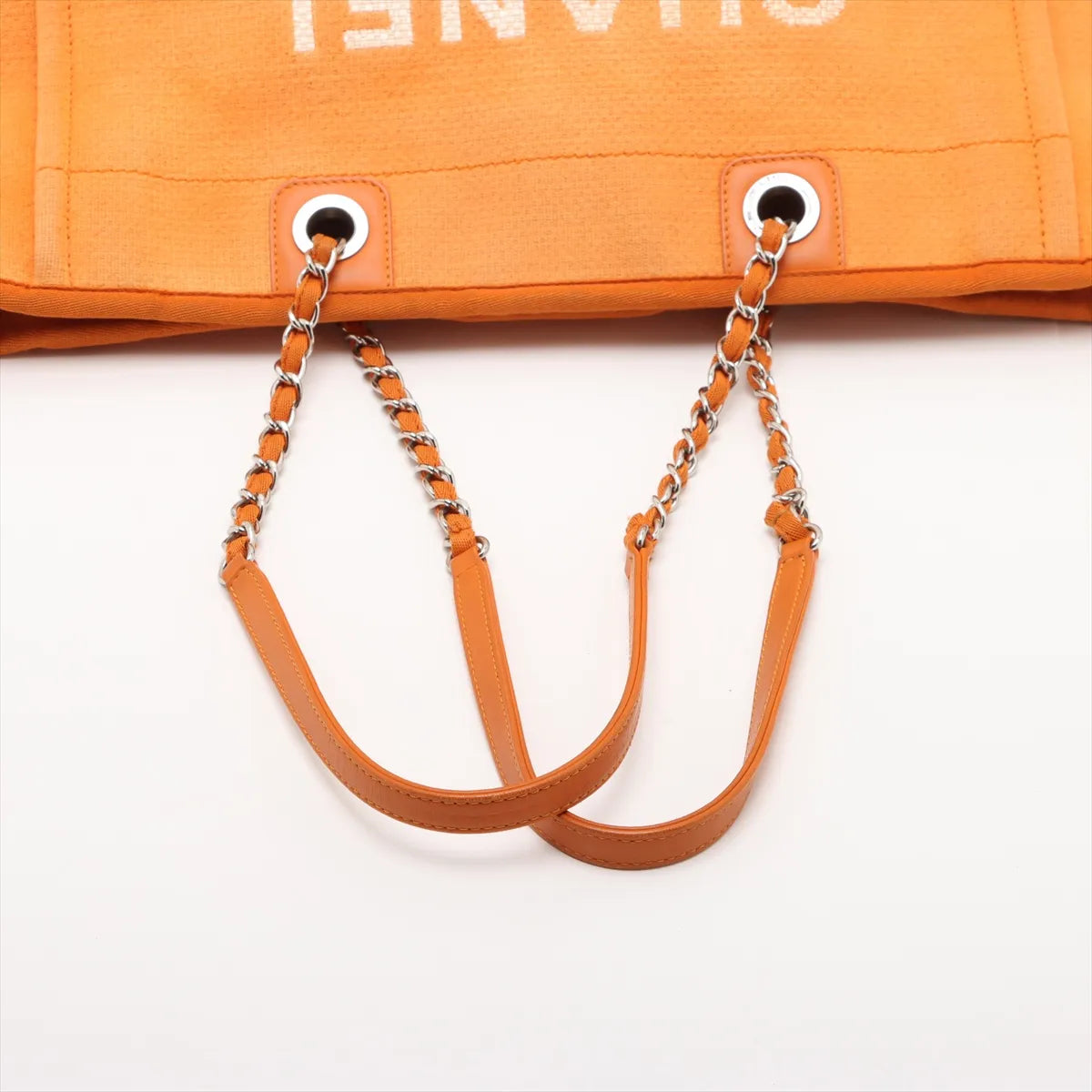 Chanel Deauville MM Canvas Leather Chain Tote Bag Orange