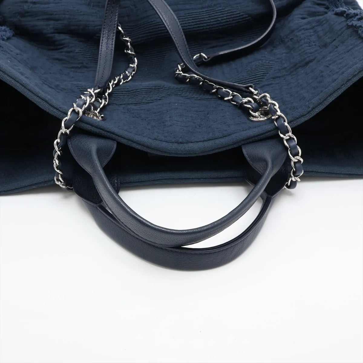 Chanel CC Logo Cotton Leather Chain Fringe Tote Bag Navy Blue