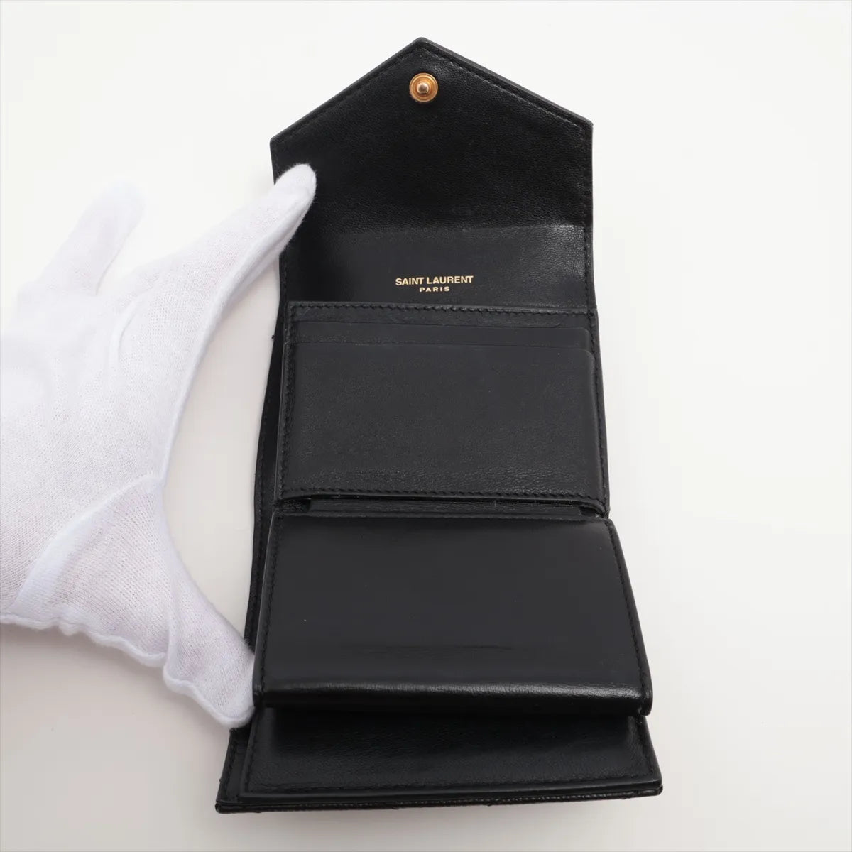 Saint Laurent V Stitch Leather Compact Wallet Black