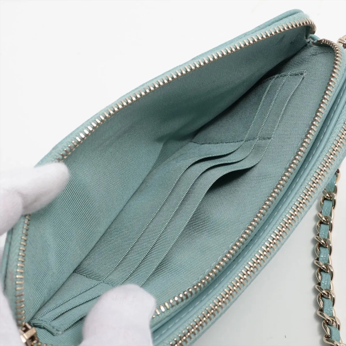 Chanel CC Logo Matelasse Caviar Skin Wallet on Chain Light Blue