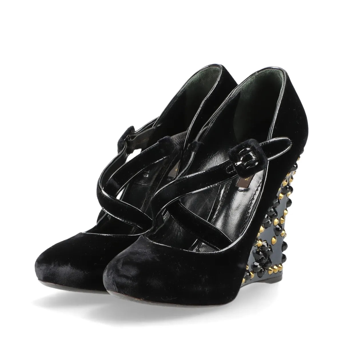 Louis Vuitton Veau Velours Strap Wedge Stud Pumps Black