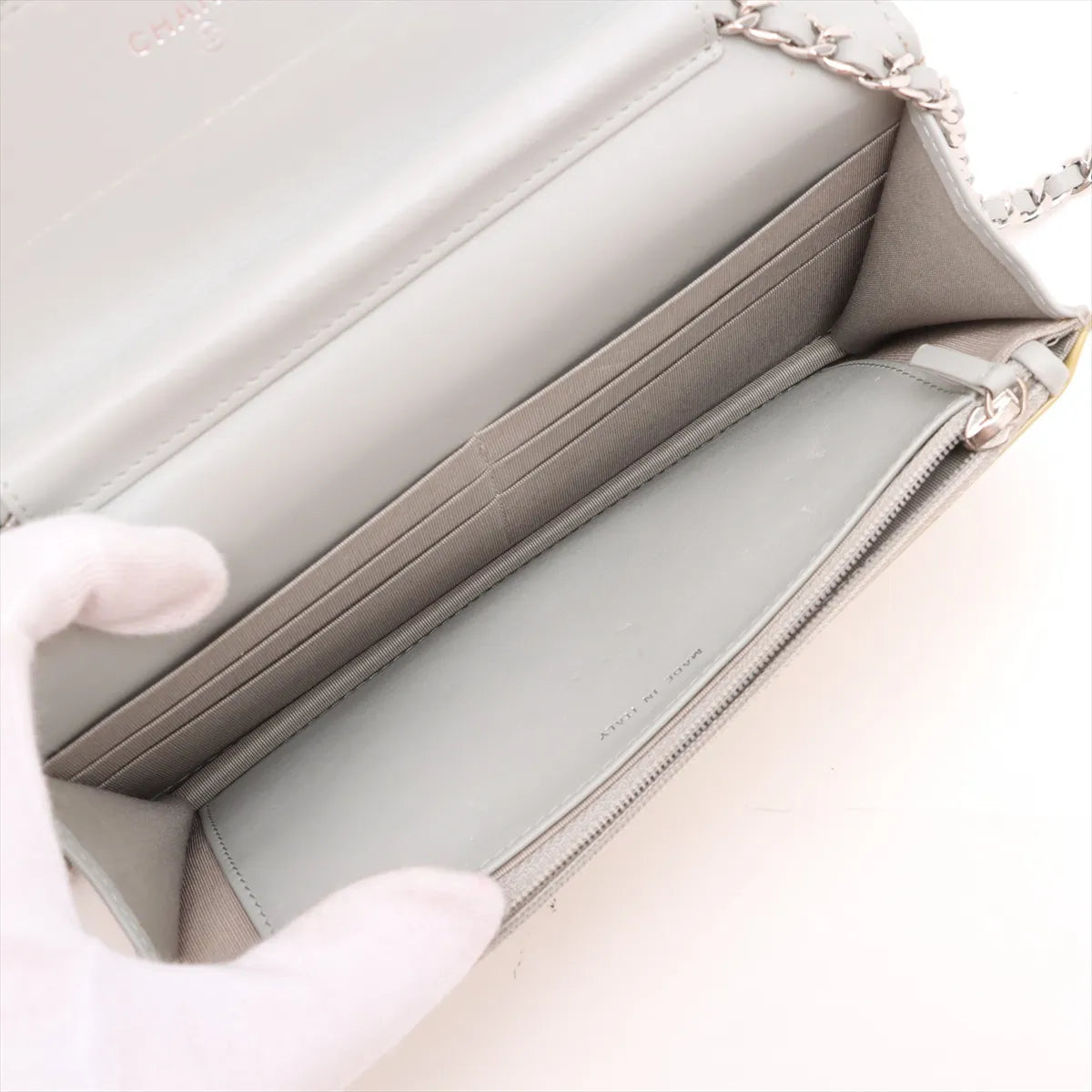 Branded Chanel CC Logo Matelasse Patent Leather Chain Wallet Yellow