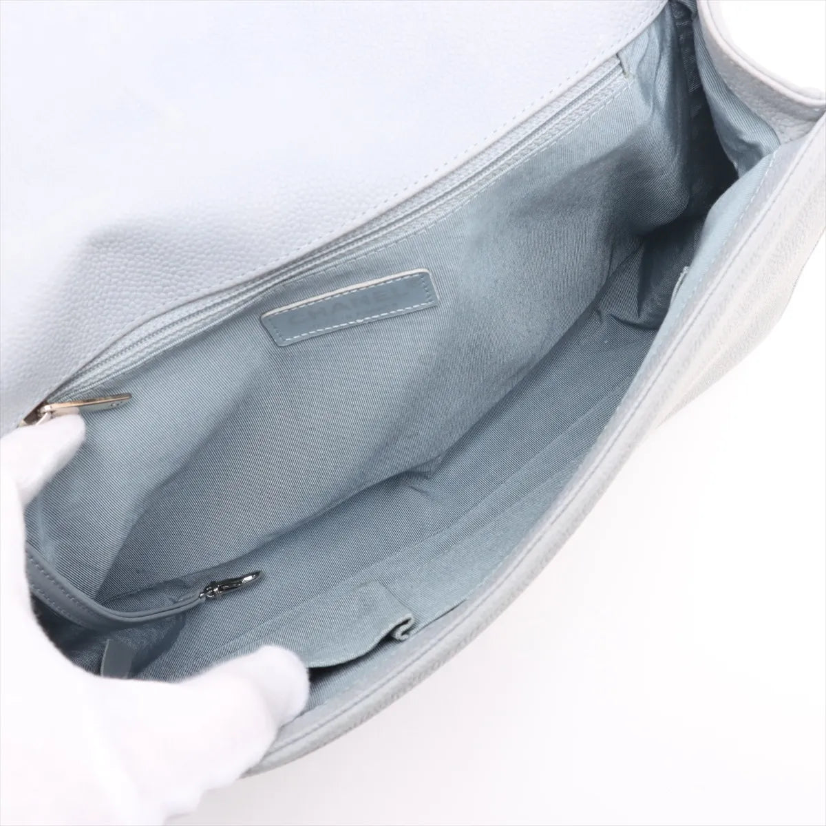 Chanel Boy Large Caviar Skin Chain Shoulder Bag Blue Gray