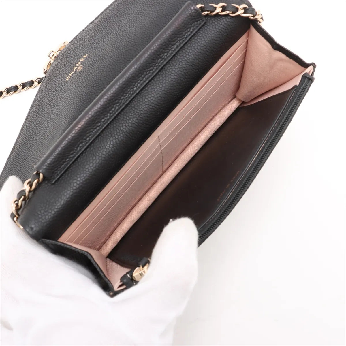 Chanel CC Logo Caviar Skin Chain Wallet Bag Black