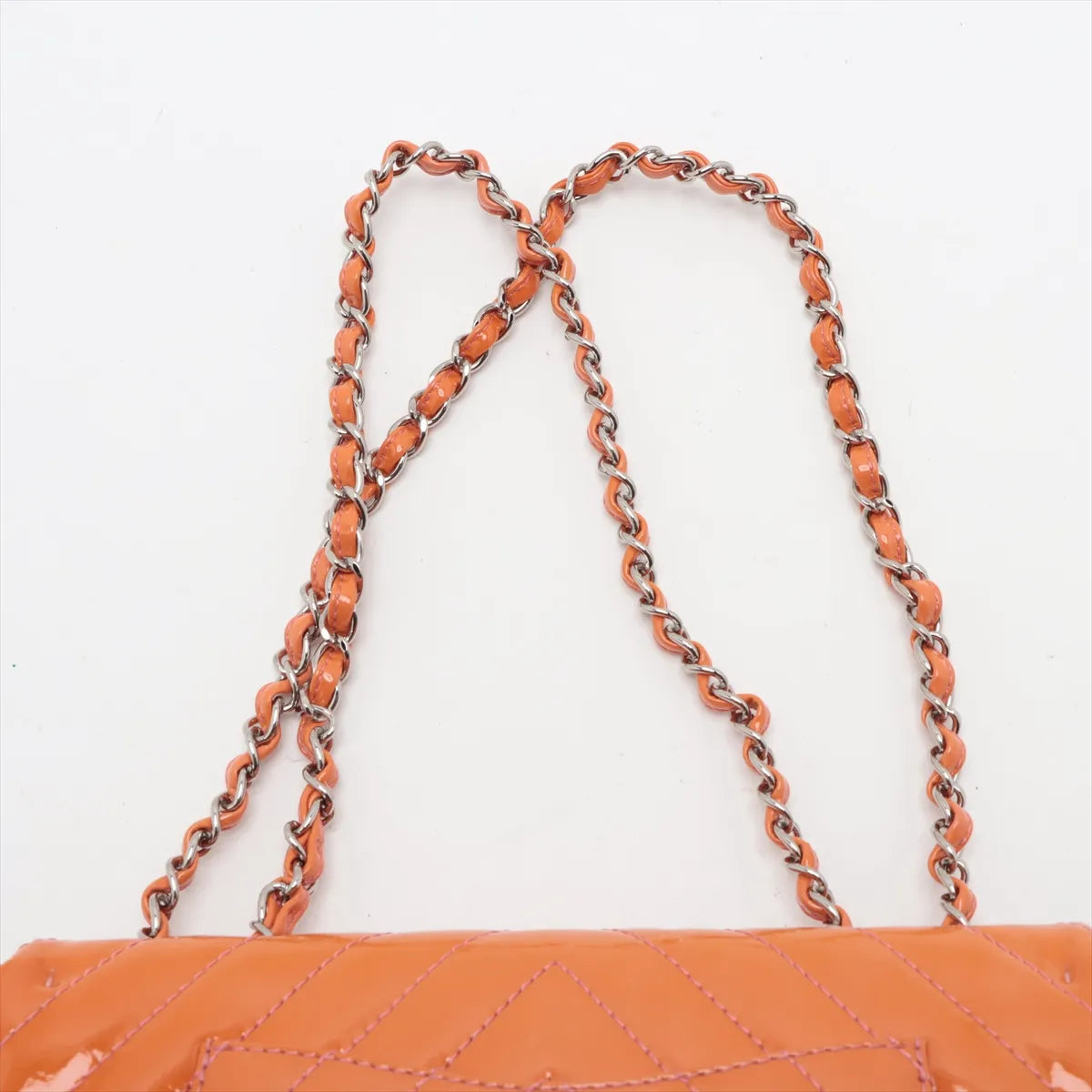 Chanel CC Logo Chevron Patent Leather Single Flap Double Chain Bag Salmon x Pink