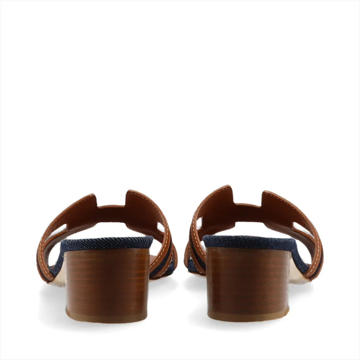 Hermes Oasis Denim & Leather Block Heel Sandals Brown x Denim