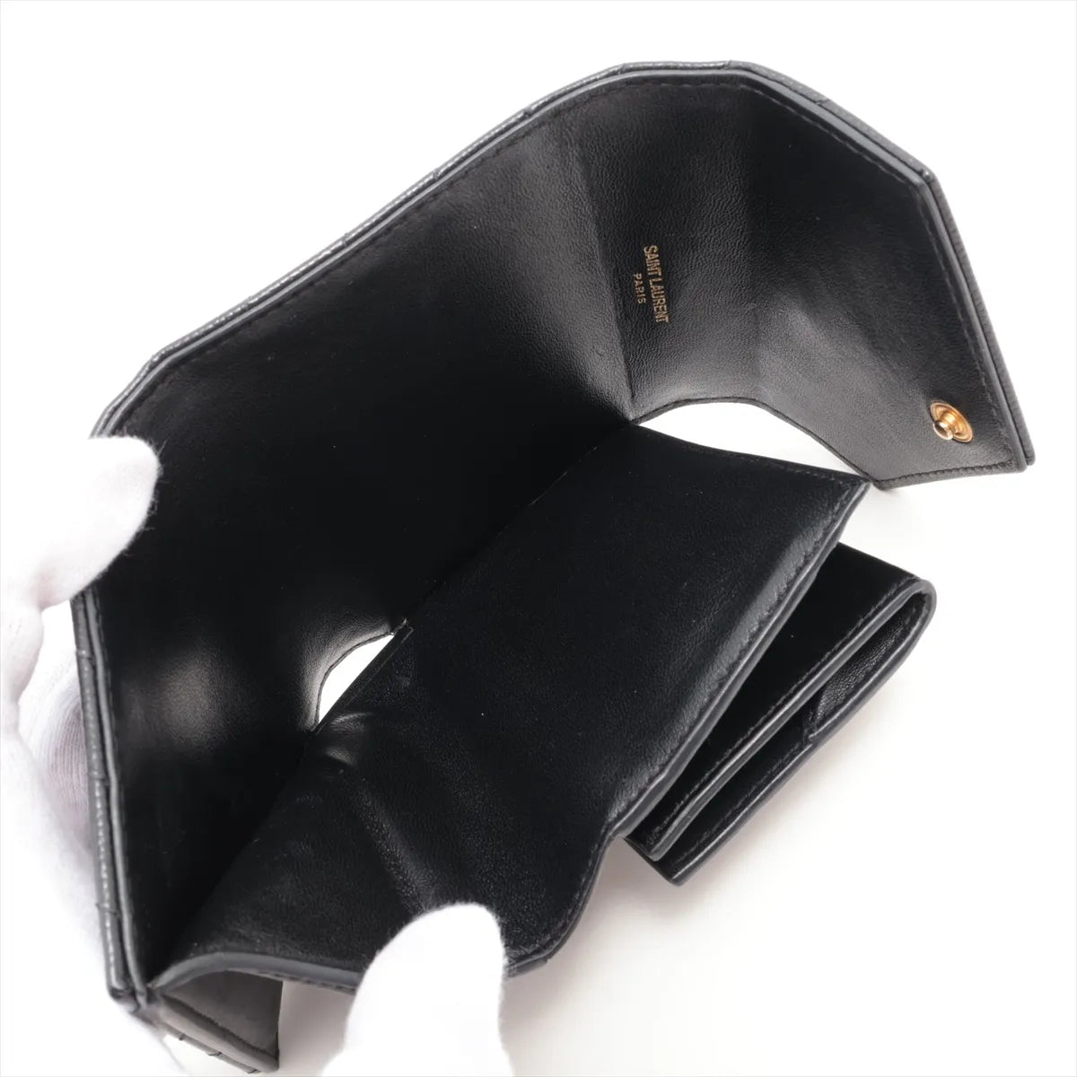 Saint Laurent V Stitch Leather Compact Wallet Black