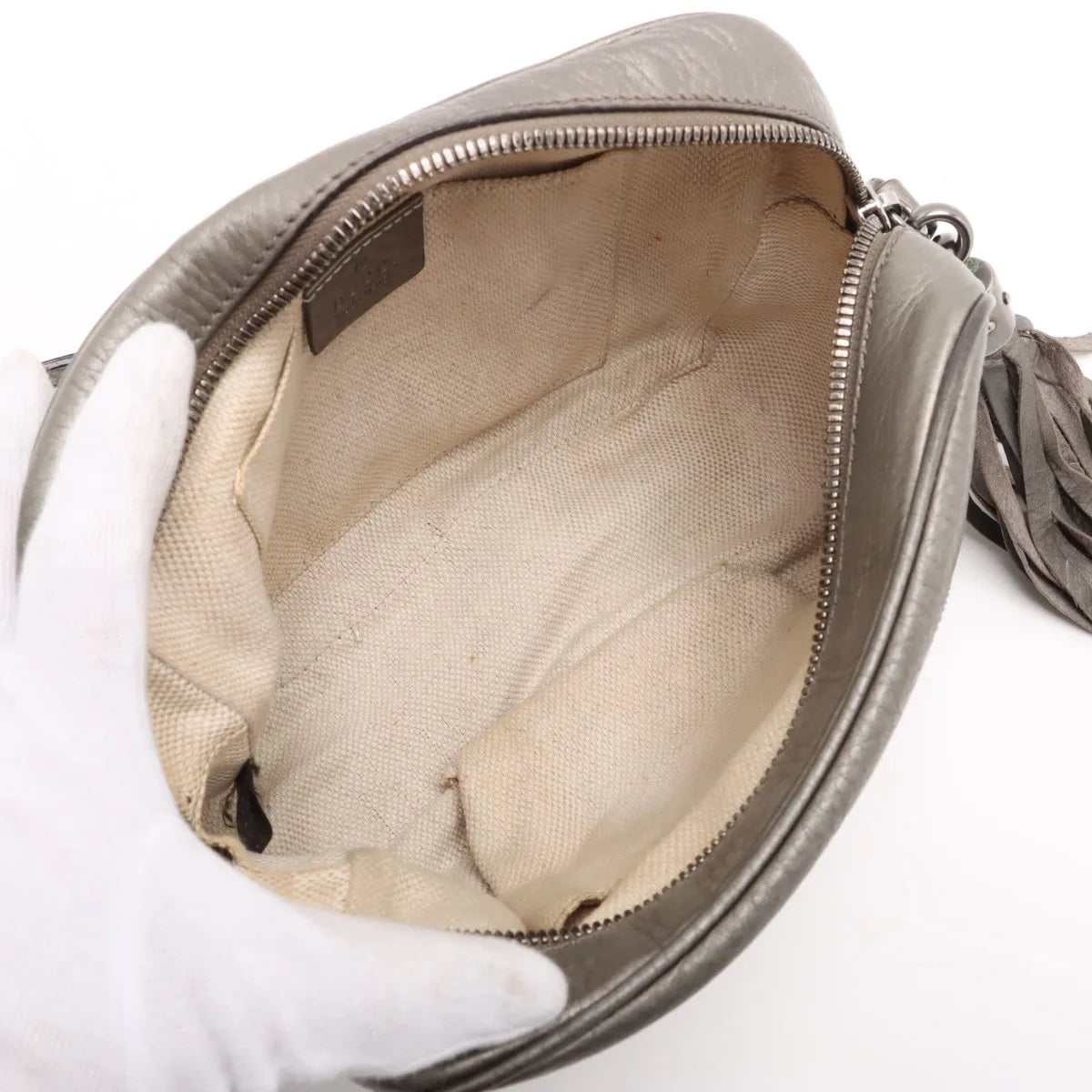 Gucci Metallic Soho Leather Camera Bag Silver