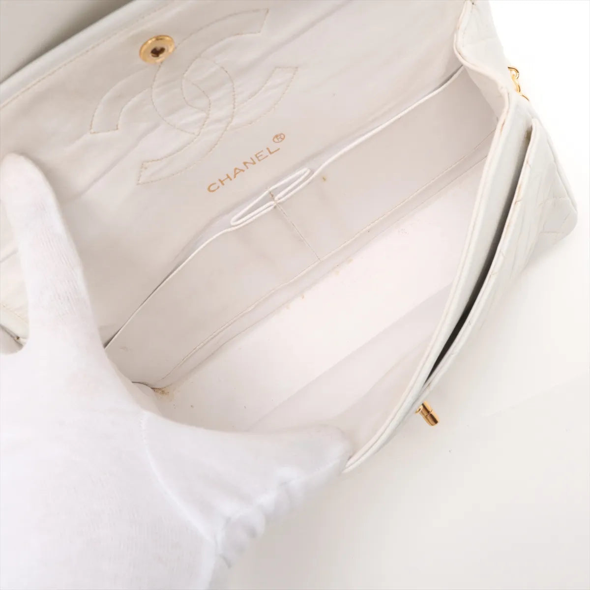 Chanel CC Logo Matelasse Lambskin Double Flap Double Chain Bag White