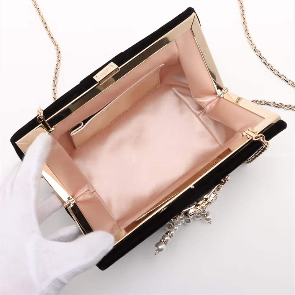 Roger Vivier Velour Rhinestone Pearl Chain Shoulder Bag Black