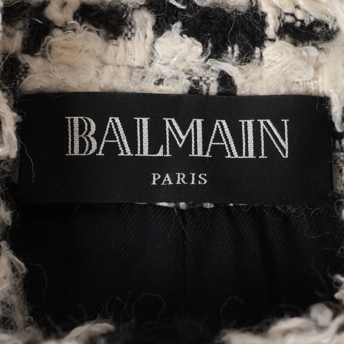 Balmain Tweed Wool Double Breasted Long Coat White x Black