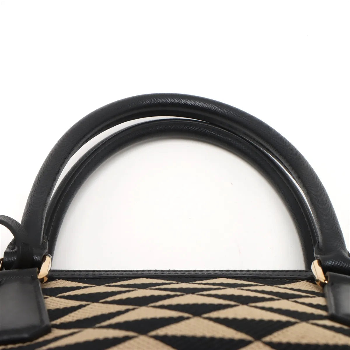 Prada Embroidery Fabric x Leather Two-Way Boston Bag Beige x Black