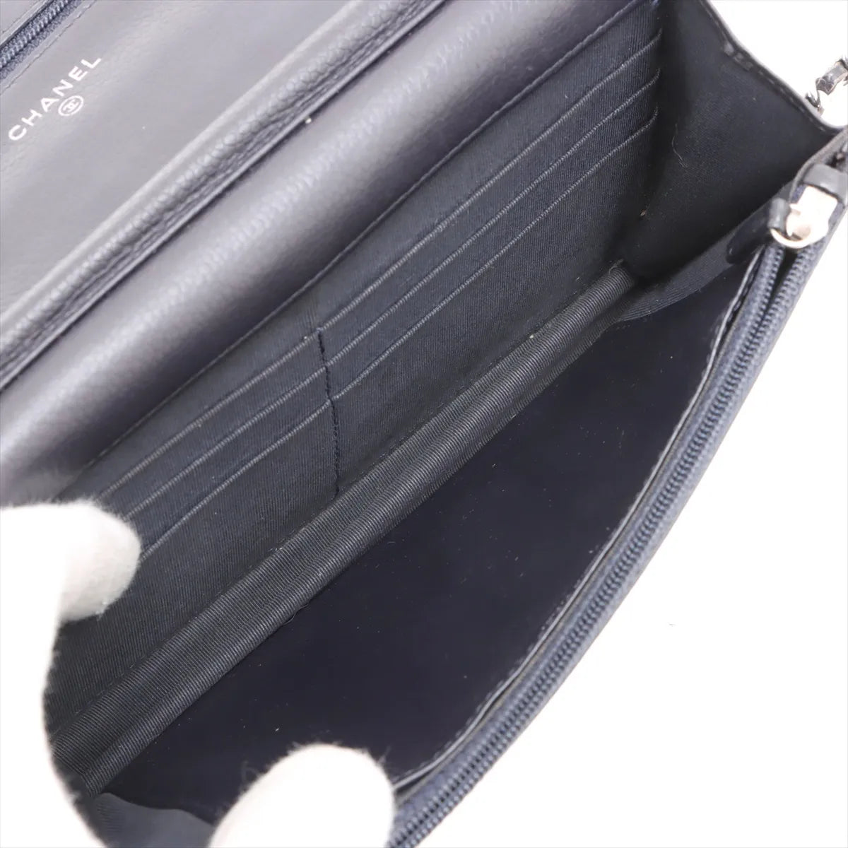 Chanel CC Logo Matelasse Caviar Skin Wallet on Chain Navy Blue