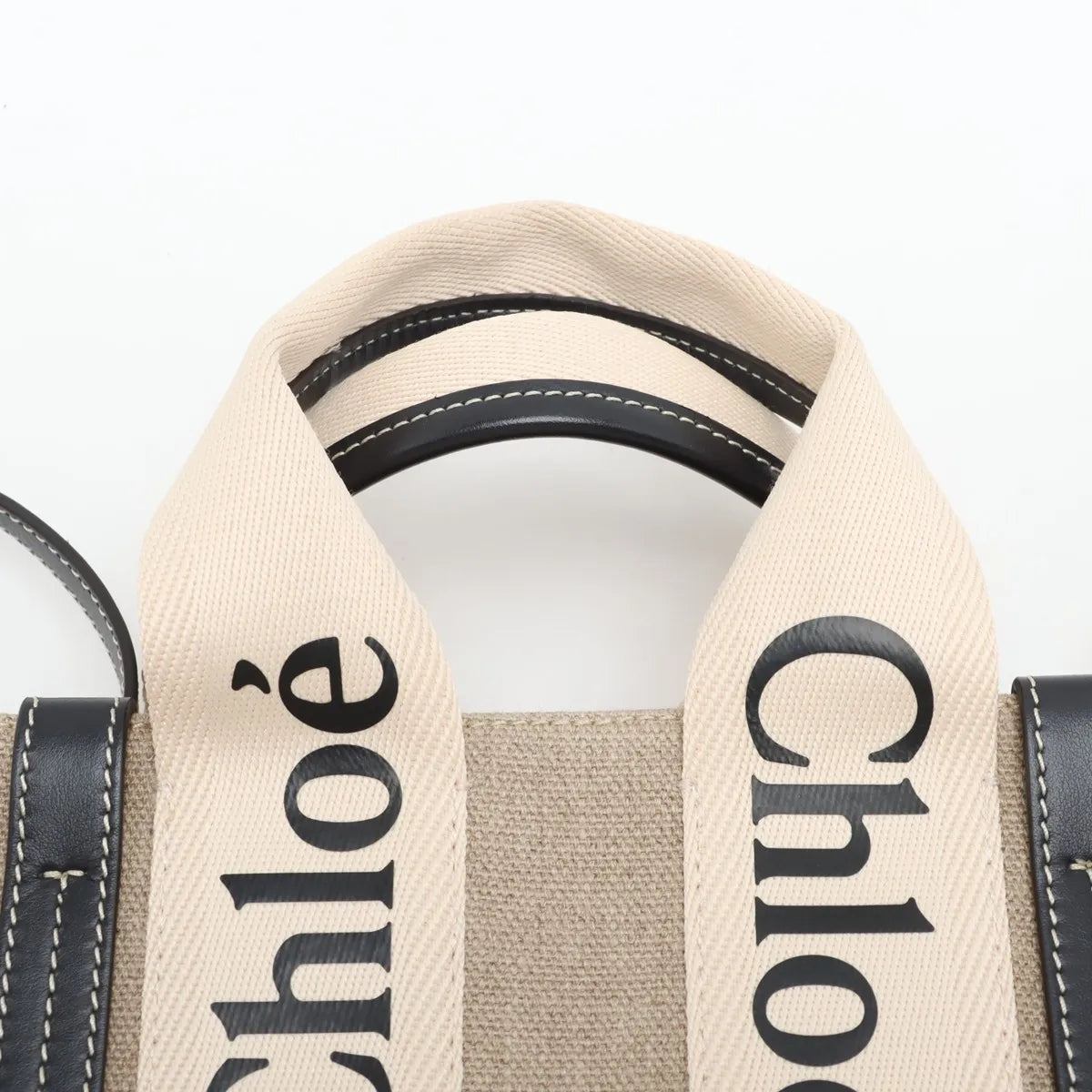 Chloe Woody Small Canvas Leather Two-Way Handbag Beige x Black