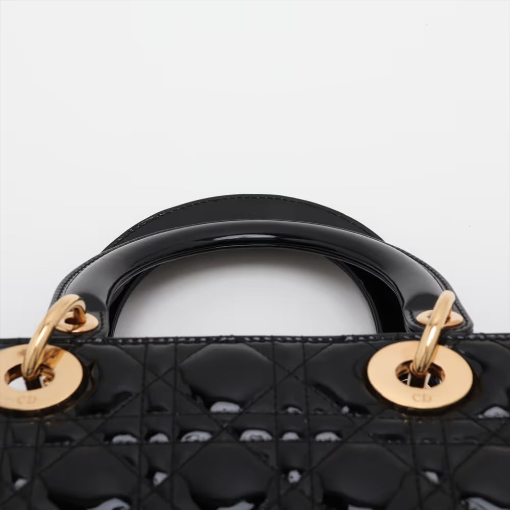 Christian Dior Cannage Lady Dior Large Patent Leather Two-Way Shoulder Bag Black