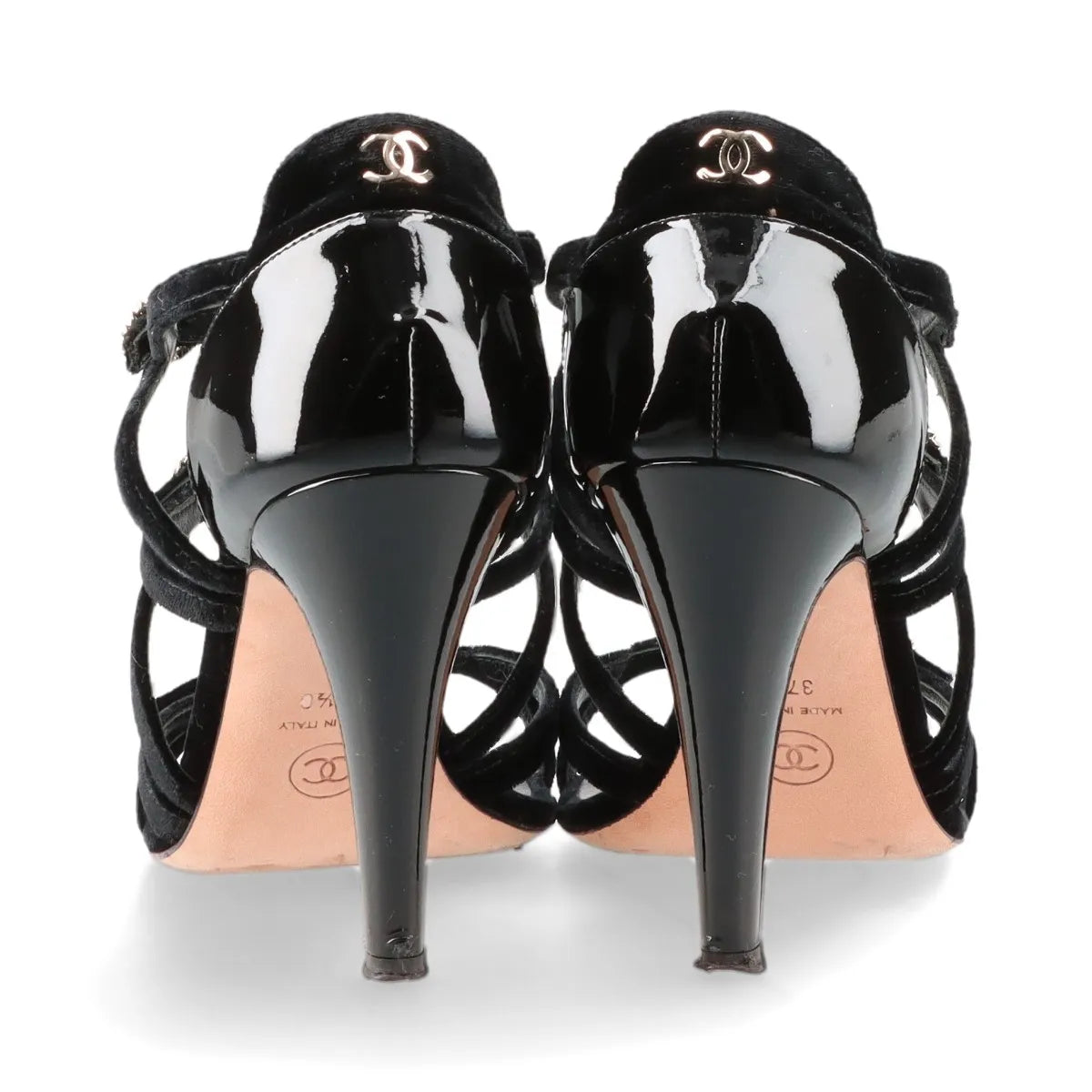 Chanel CC Logo Strappy Buckle Velvet Sandal Black