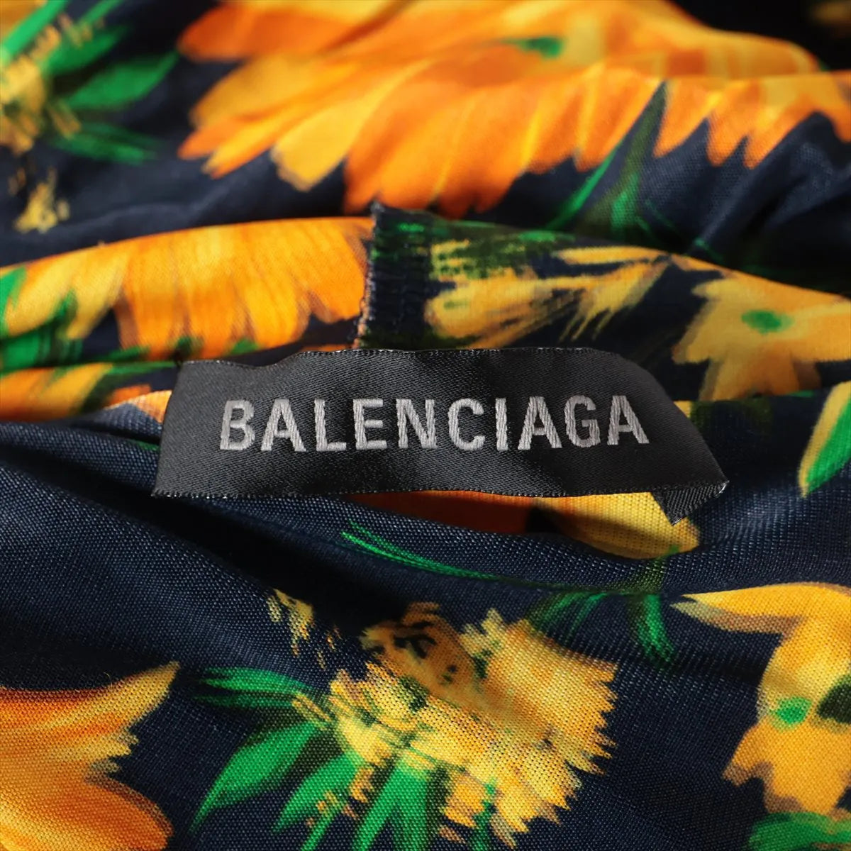 Balenciaga Yellow Floral Rayon Long Sleeve Maxi Dress Navy Blue