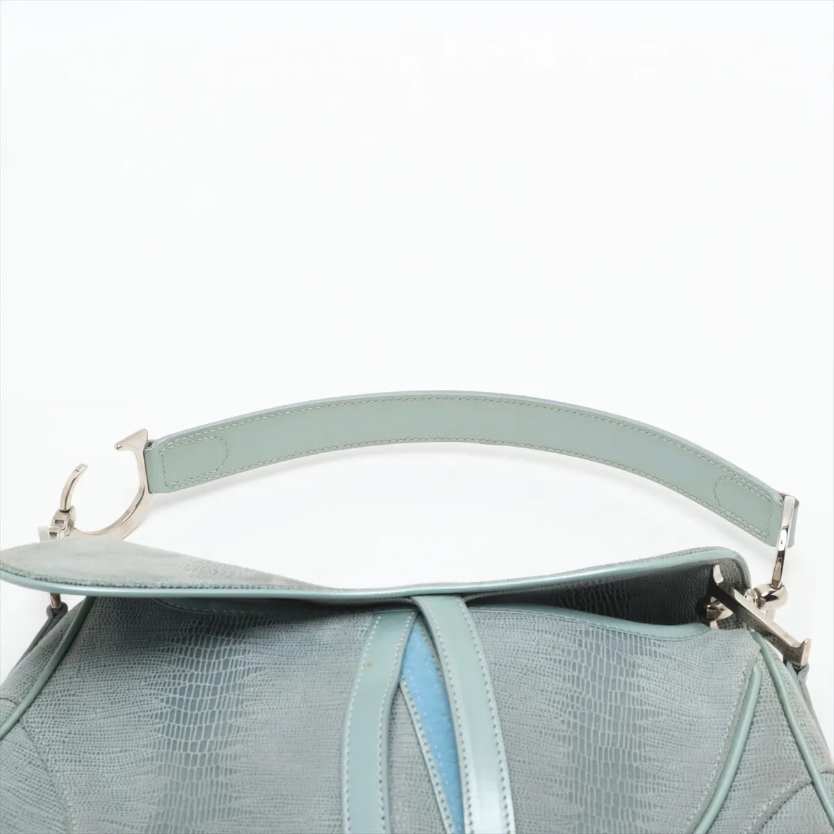 Christian Dior Double Saddle Lizard Embossing Leather Shoulder Bag Blue