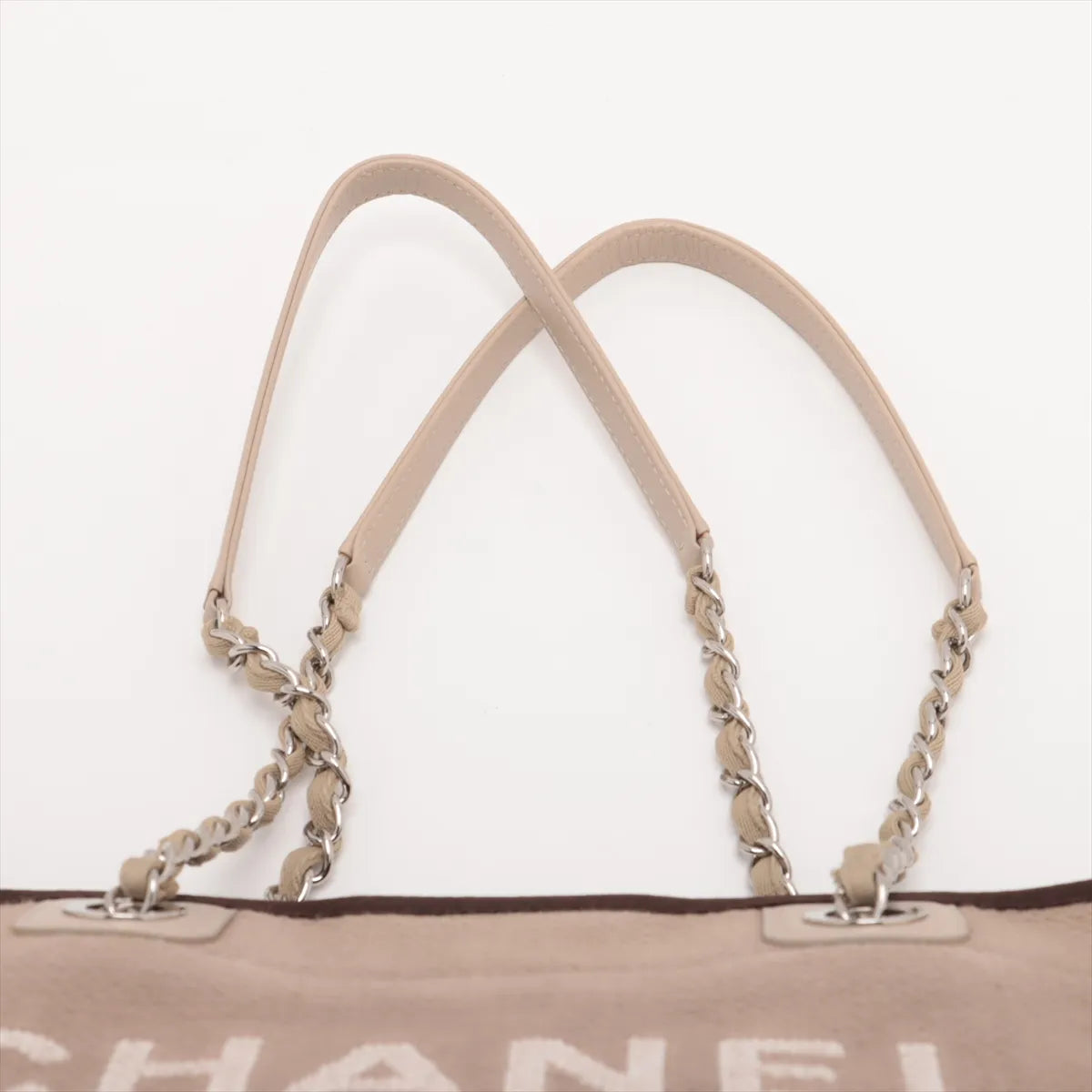 Chanel Deauville MM Canvas Leather Chain Tote Bag Beige