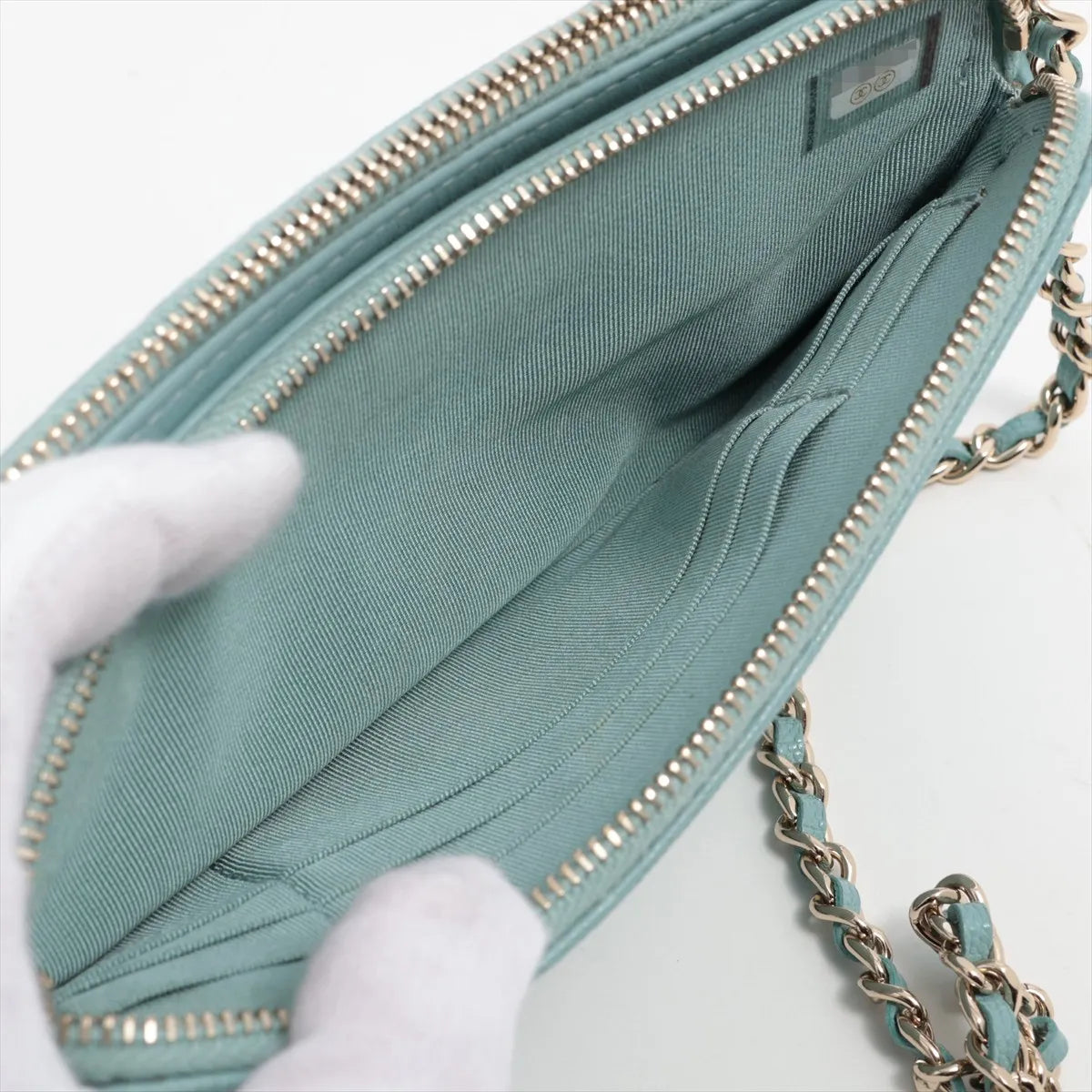 Chanel CC Logo Matelasse Caviar Skin Wallet on Chain Light Blue