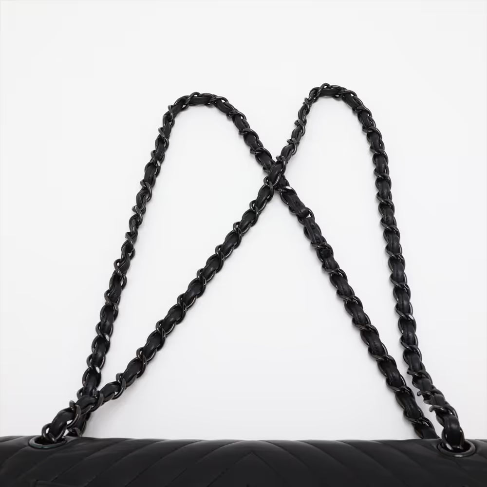 Chanel Chevron Stitch Lambskin Double Flap Double Chain Bag Black