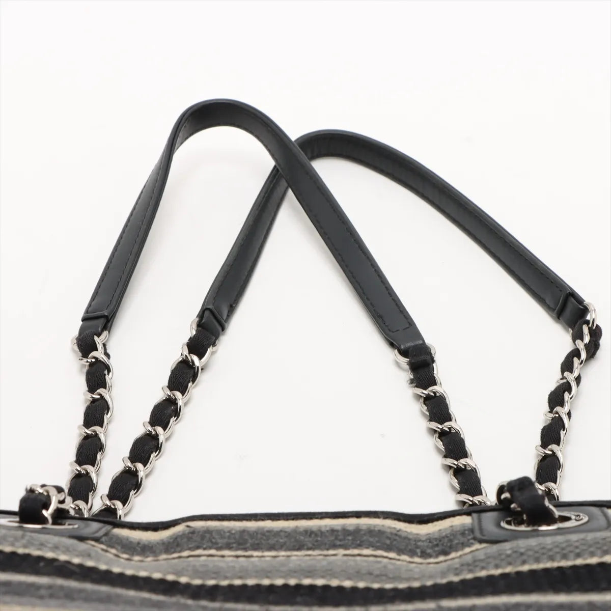 Chanel Deauville Canvas Leather Stripe Chain Tote Bag MM Black x Gray x Beige