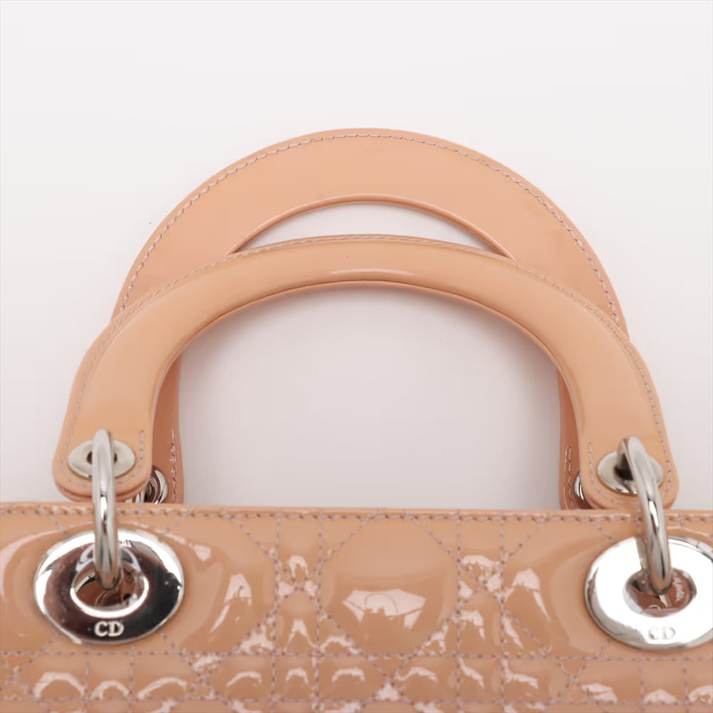 Christian Dior Lady Dior Cannage Patent Leather Two-Way Handbag Beige x Pink