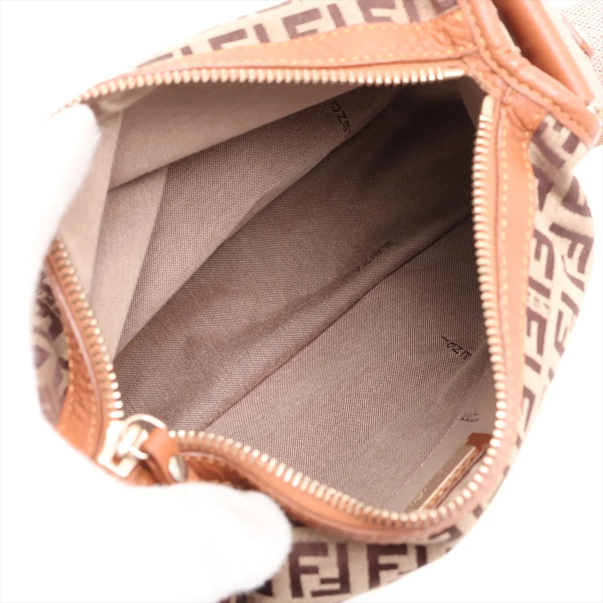 Fendi Zucchino Canvas Leather Shoulder Bag Beige×Brown