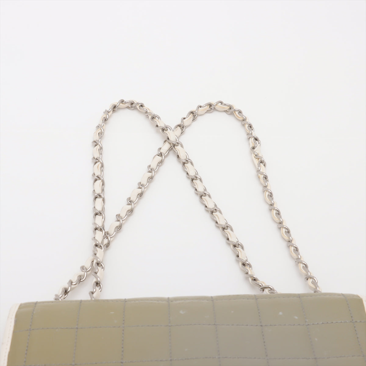 Chanel Chocolate Bar Patent Leather Single Flap Double Chain Bag Khaki