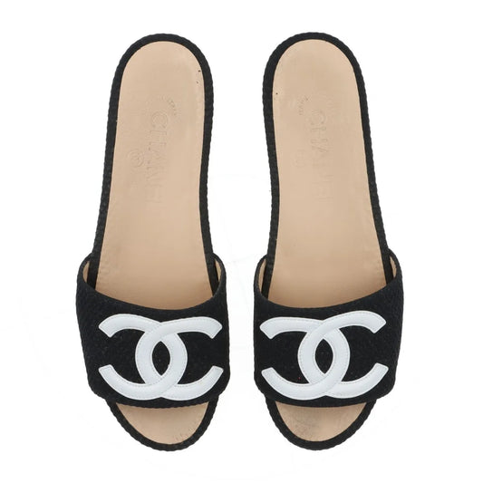 Chanel CC Logo Fabric Block Sandal Black