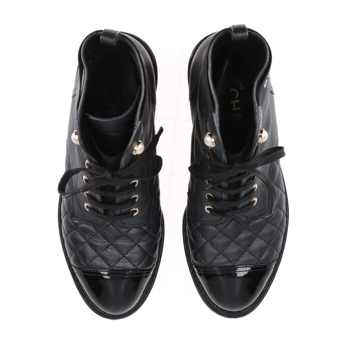 Chanel Logo Matelasse Leather Short Ladies Boots Black