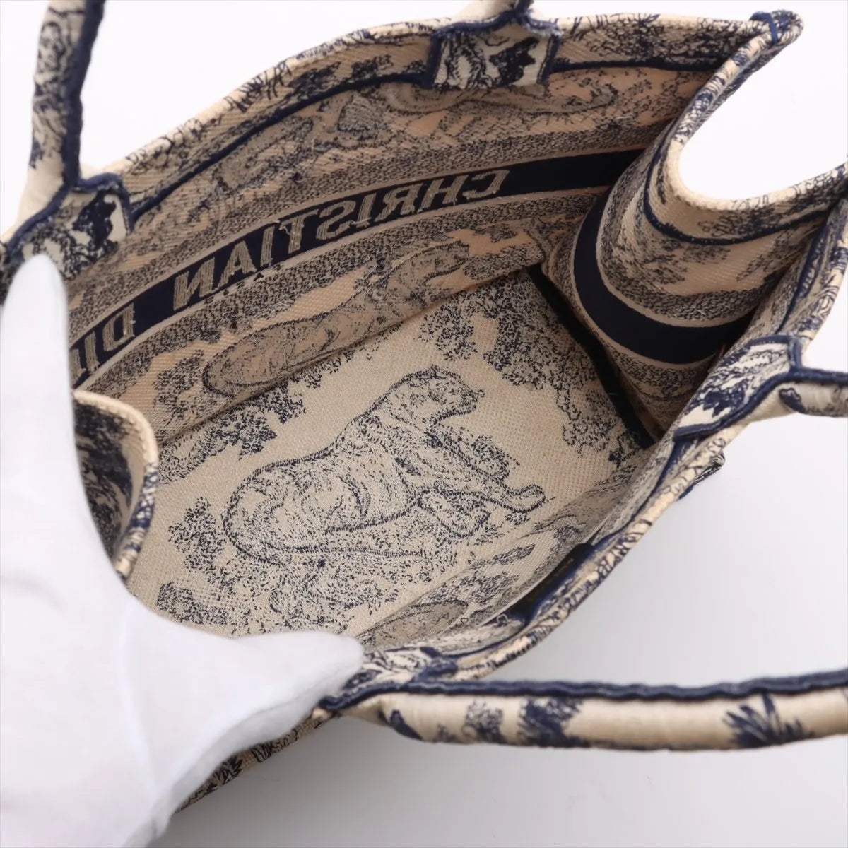 Christian Dior Toile De Jouy Embroidery Medium Canvas Book Tote Bag White x Blue